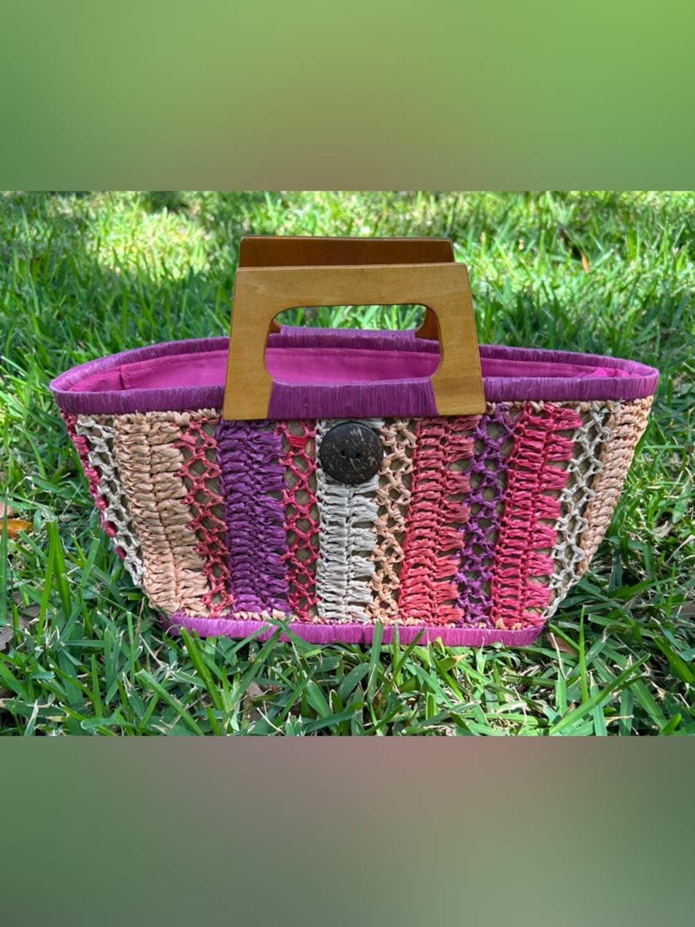 Vintage Cappelli Straworld Pink, Purple and Beige Handwoven Tote Wooden Handle